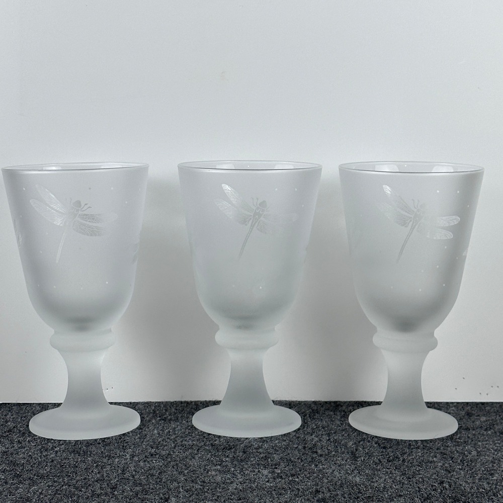 Frosted Glass Dragonfly Etched Goblets Set of 3 Matte Footed Wine Water Glasses
